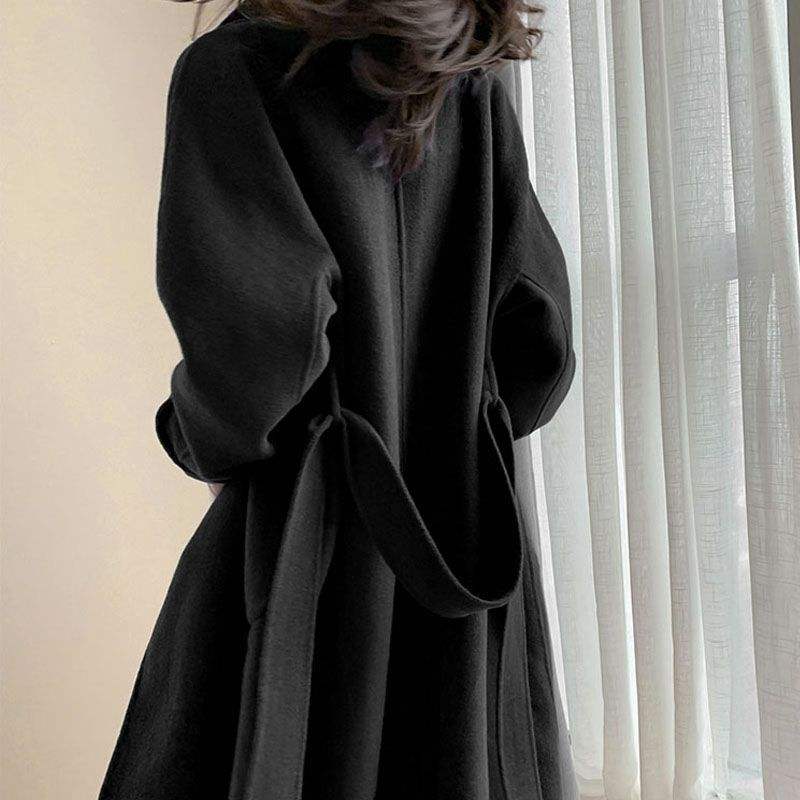 Women’s Elegant Midi Long Coat – Lapel V-Neck, Long Sleeve, European Style