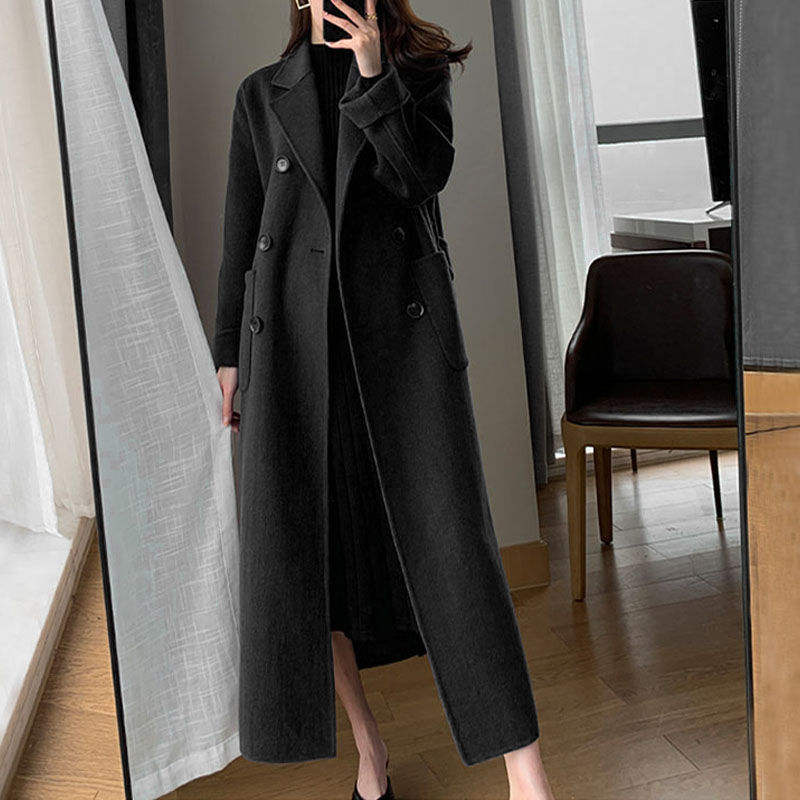 Women’s Elegant Midi Long Coat – Lapel V-Neck, Long Sleeve, European Style