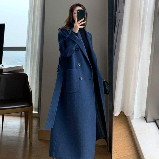 Women’s Elegant Midi Long Coat – Lapel V-Neck, Long Sleeve, European Style
